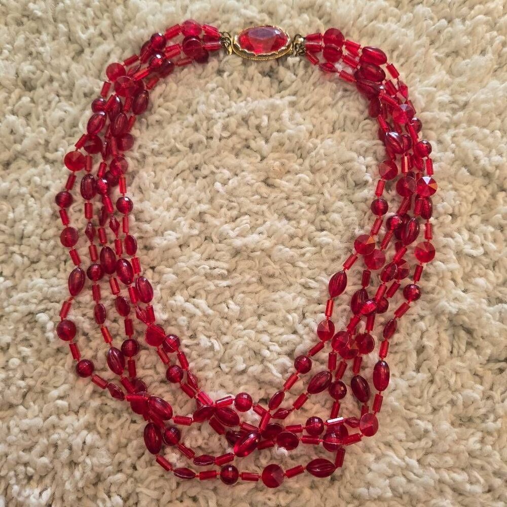 Vintage 5 Strand Plastic Faceted Bead Necklace Unique Clasp